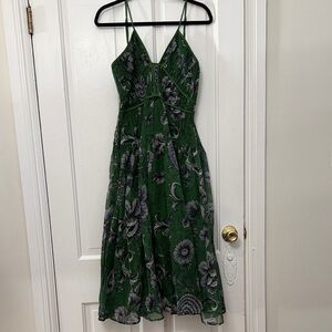 Anthropologie Green and Gray Floral Midi Dress